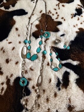 Turquoise Silver-Tone Women’s Jewelry Set - Necklace, Bracelet, Earrings, Ring